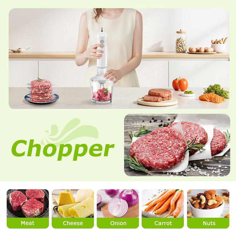 Bonsenkitchen خلاط يدوي، خلاط غمر مع 2 سرعة خلط، خلاط يدوي من الفولاذ المقاوم للصدأ 4 في 1 مع خفاقة بيض، كأس ووعاء مفروم، لطعام الأطفال، الحساء، العصائر، أبيض - Image 4